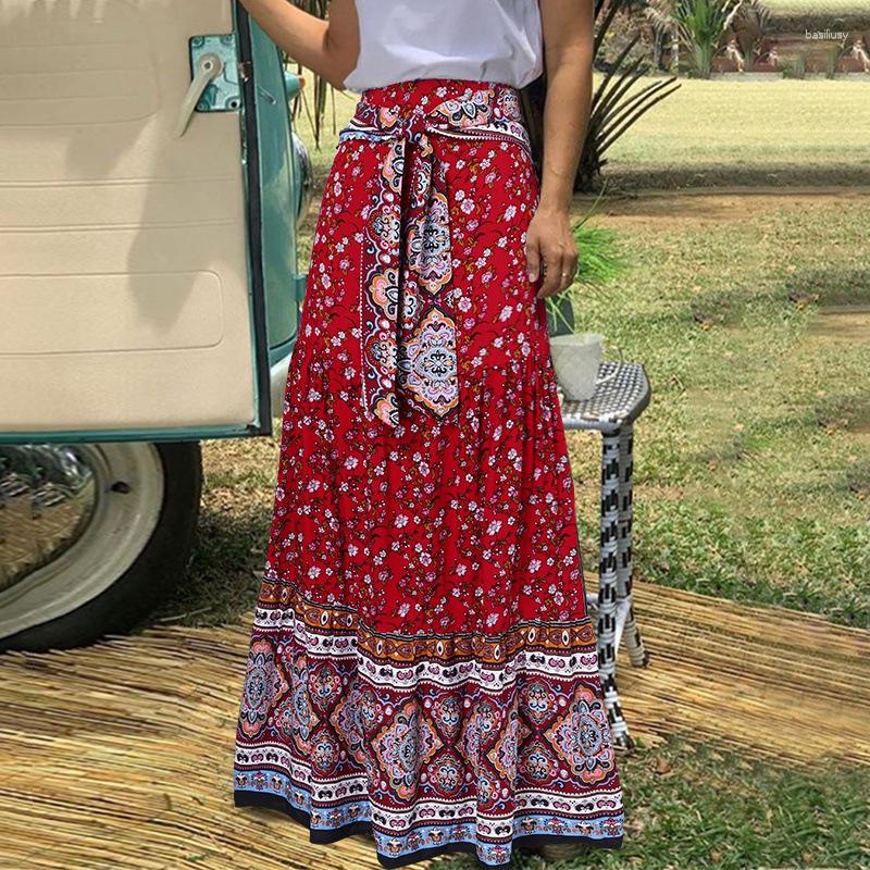 

Skirts Women's Bohemian Gypsy Maxi Dress Floral Print Midi Skirt Boho Elastic High Waist Long For Women Beach Dresses Femme, Red