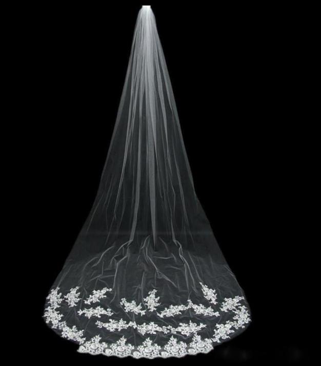 

Bridal Veils Long wedding Veils Lace Applique flower Cathedral Length Cheap Bridal Veil BV026756980, White