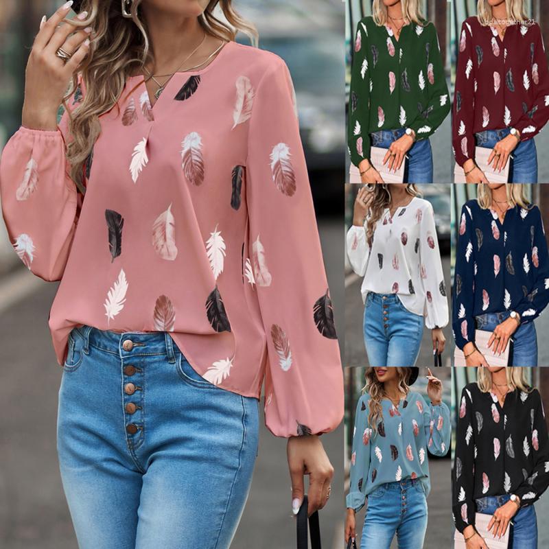 

Women's T Shirts 2023 Long Sleeve Women Casual Blouse Boho Feather Print Top Womens Chiffon Shirt Blusas Sexy Femme Clothing Spring Summer, Pink
