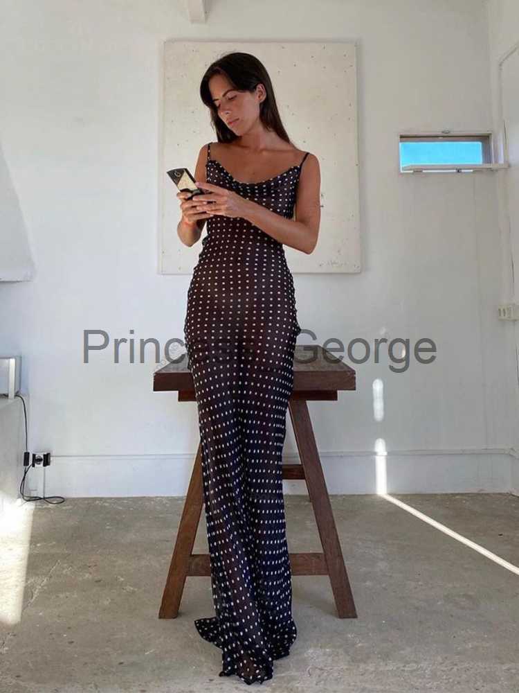 Robes de soirée 2023 Black Fashion Polka Dots Robe d'été Sexy See Through Spaghetti Strap Maxi Dress Femmes Vêtements d'été Party Slip Robes A125