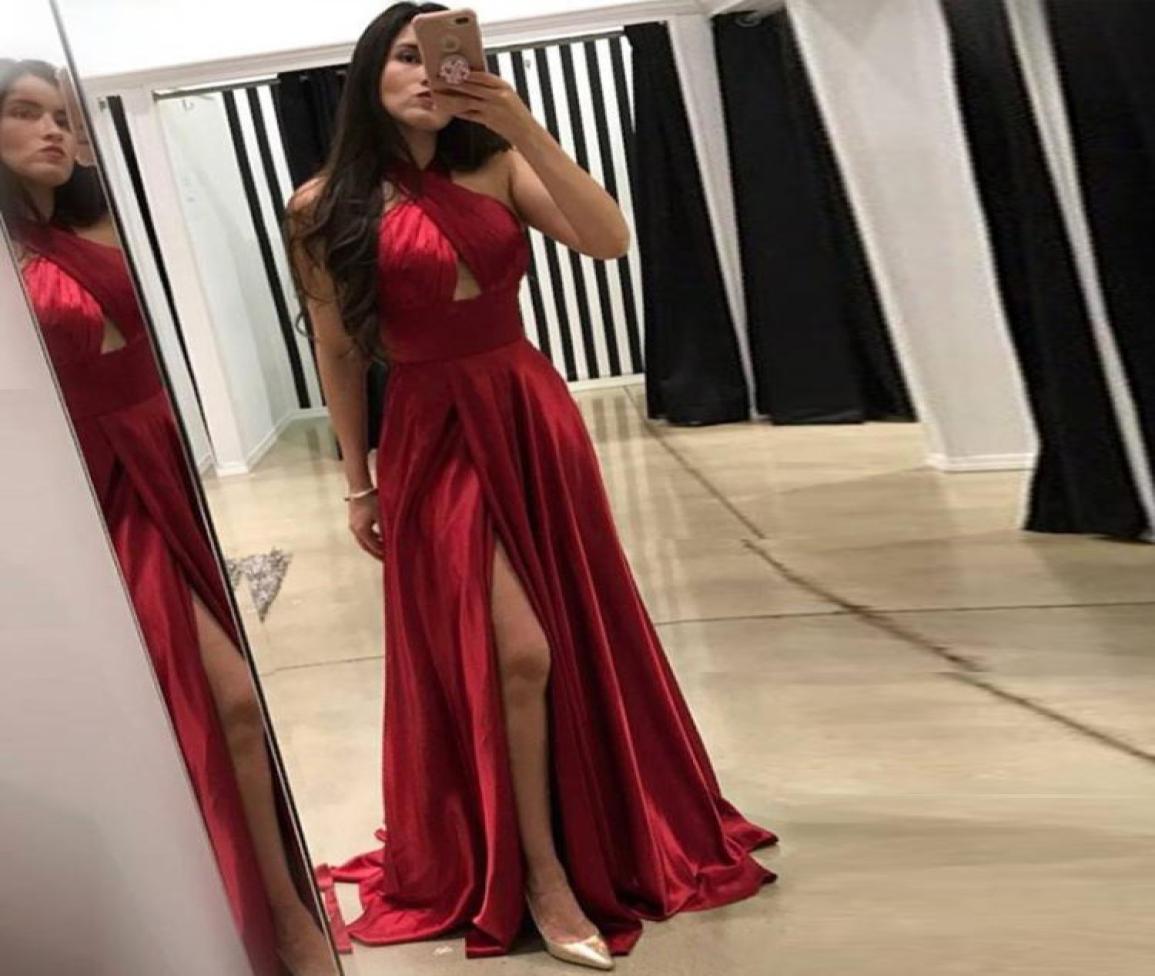 

Sexy Halter Red Satin Evening Dresses Pleated High Split Floor Length Backless Prom Dresses Simple Party Gowns6890181, Green