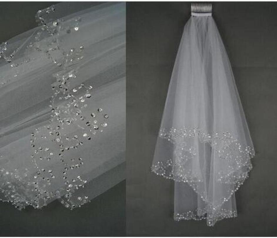 

Shiny Handmade Beaded Sequined Edge Wedding Veils 2 Layers Short Tulle WhiteIvory Bridal Veils 2019 Selling1665772, Ivory