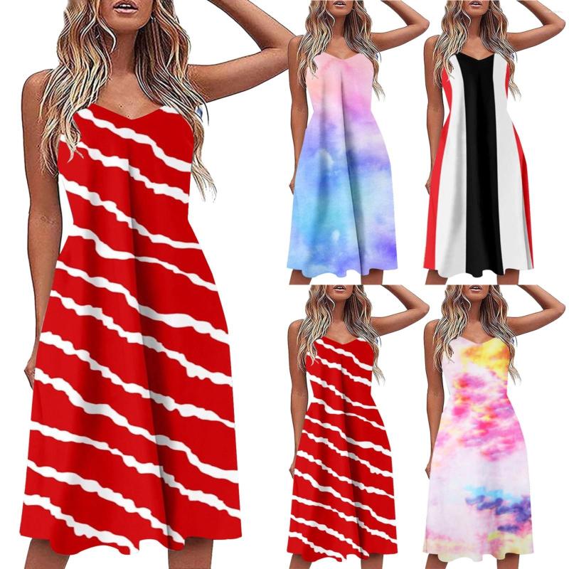 

Casual Dresses Women Summer Fashion Low Neck Sleeveless Print Long Dress V Tank Teen