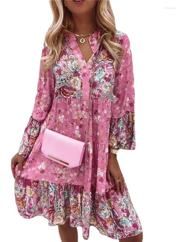 

Casual Dresses Women Floral Print Dress Oversize Elegant Pleated Long Sleeve Female V Neck Loose Bohemian Beach Holiday