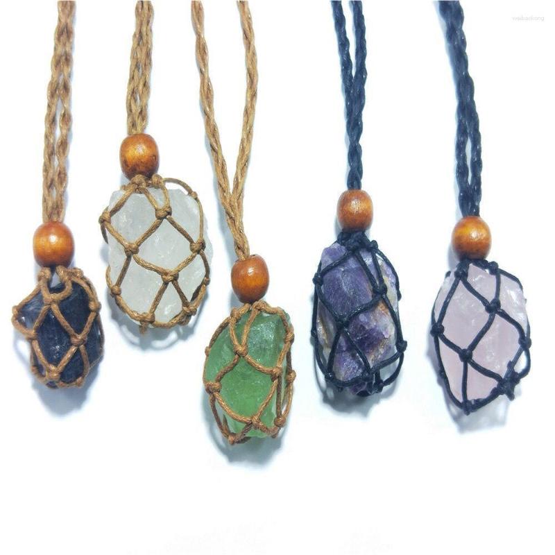 

Pendant Necklaces Natural Stone Crystal Raw Handwoven Necklace For Women Retro Adjustable Mesh Bohemia Jewelry Accessories