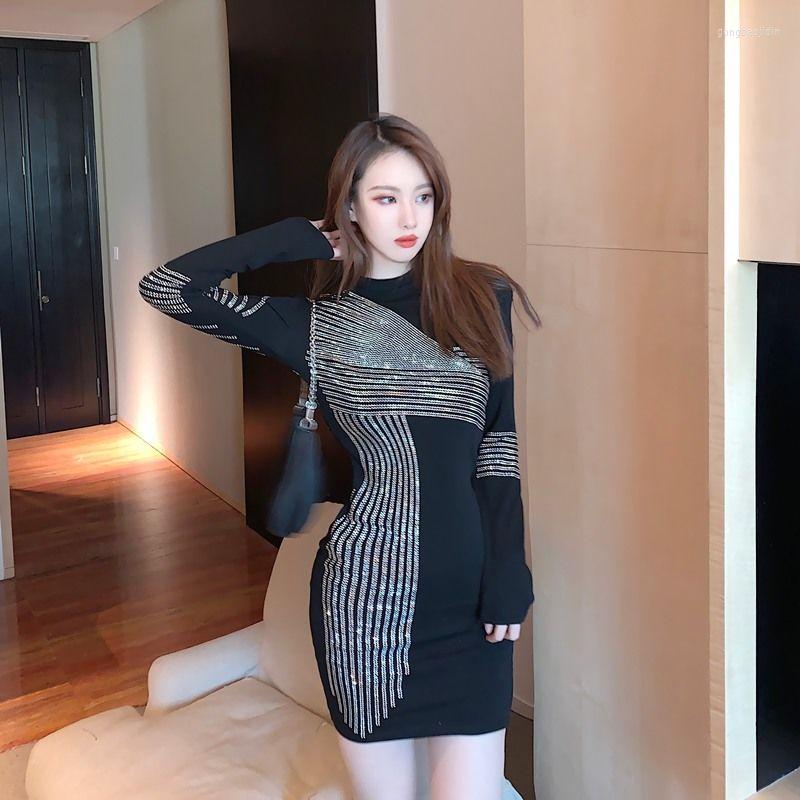 

Casual Dresses Women's Black Diamond Slim Fit Long Sleeve Dress