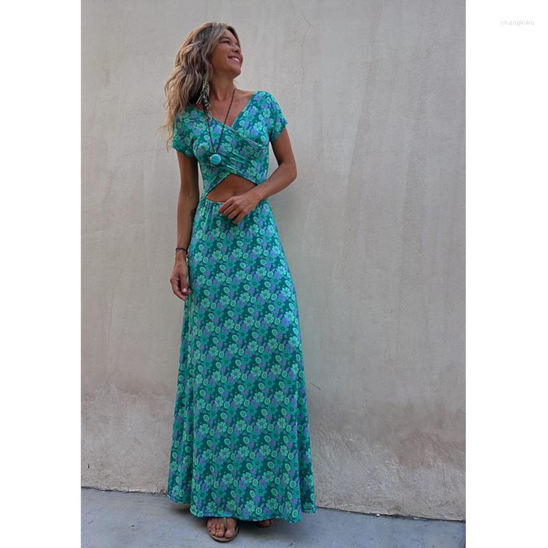 

Casual Dresses Women Elegant Double Side Wear Short Sleeve V Neck Corset Vacation Dress Summer Print Bandage Bohemian, Green