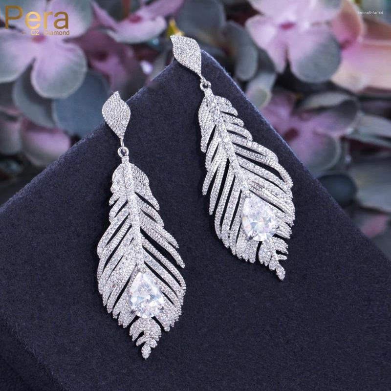

Dangle Earrings Pera Stylish Long Big Feather Shape Sparkling CZ Zircon Silver Color Wedding Jewelry Accessories For Women E831