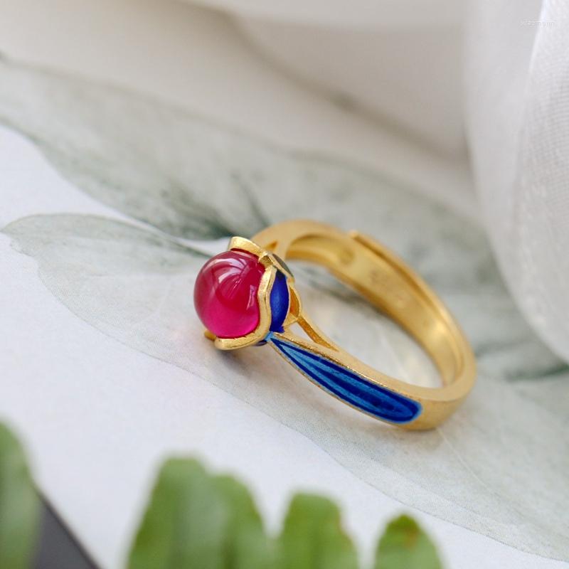 

Cluster Rings Authentic 925 Sterling Silver Inlaid Artificial Ruby Opening Adjustable Ring Charm Cloisonne National Style Jewelry Gift