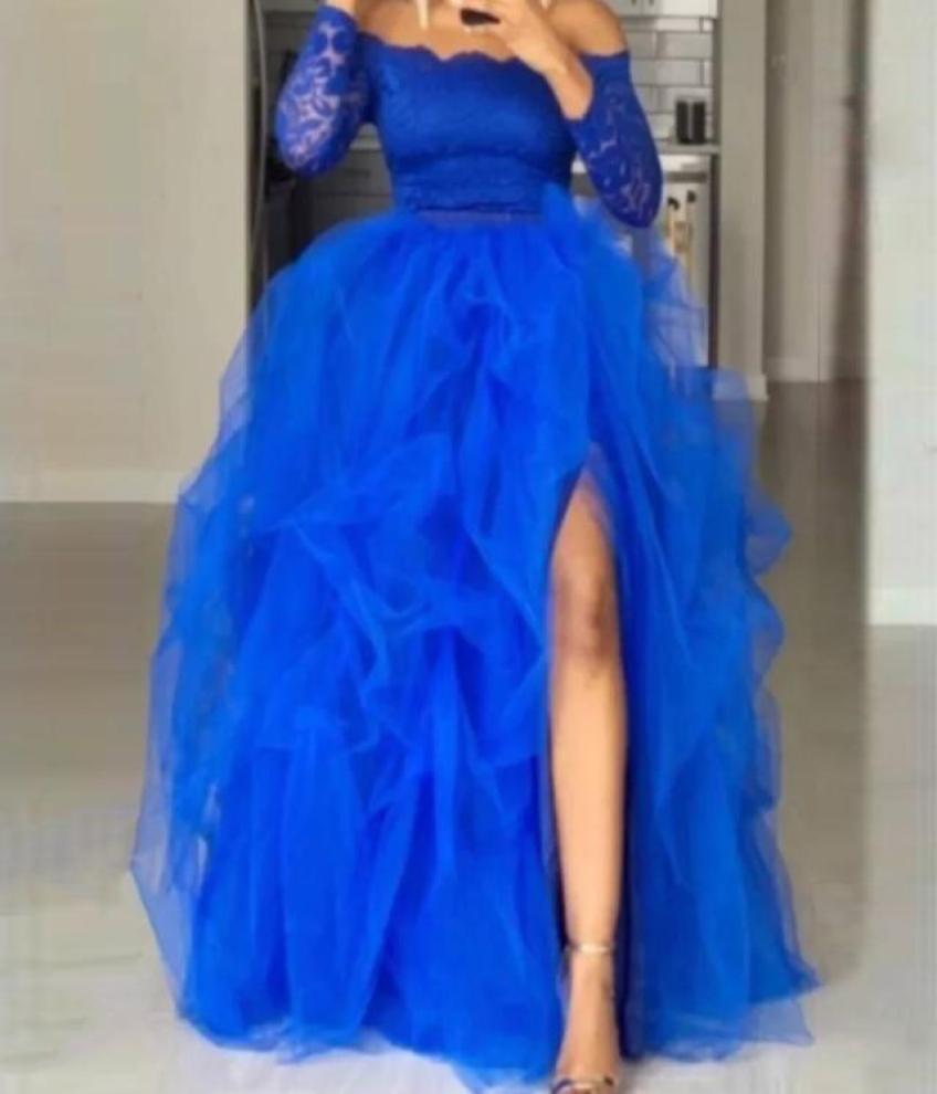 

Royal Blue Party Dresses High Side Slit Tulle Skirt Puddy Tiered Bottom for Women Prom Dress Two Pieces Plus Sizs Dresses Evening 3201115, Brown