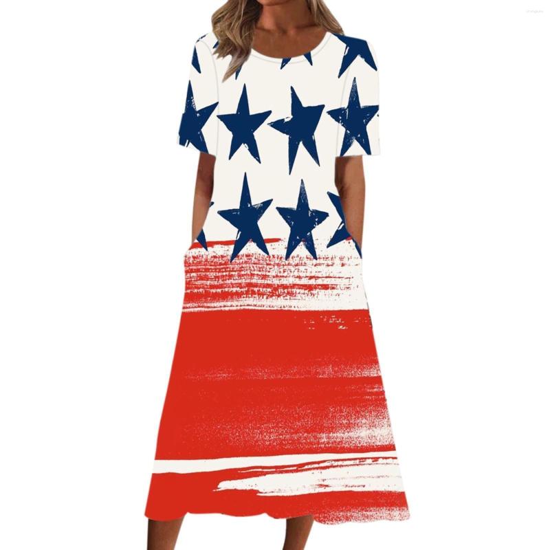 

Casual Dresses Women's Summer Print Round Neck Short Sleeve Dress Bohemian With Beach Cotton Midi