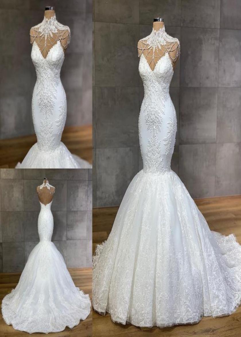 

Graceful Mermaid Beaded Lace Wedding Dresses Spaghetti Straps V Neck Bridal Gowns Sweep Train Tulle Appliqued Trumpet robe de mari9556814, Chocolate