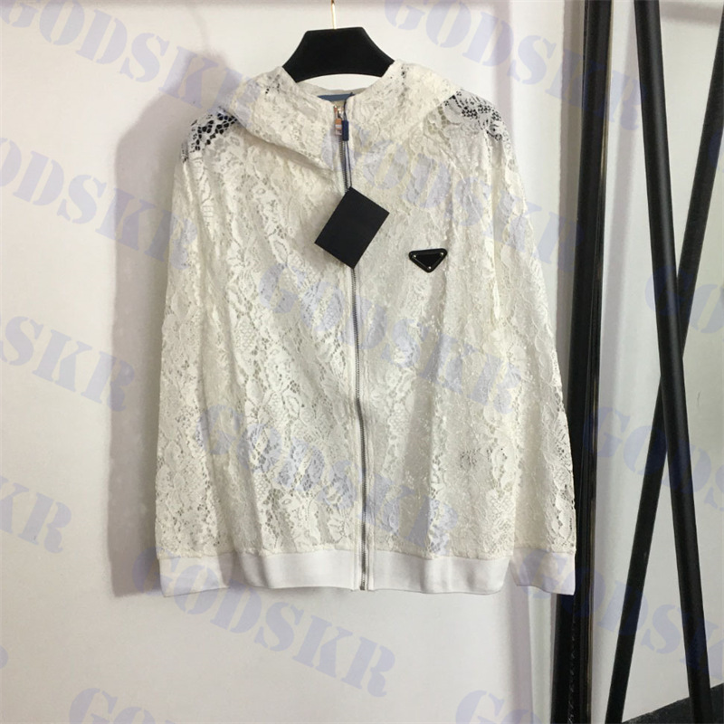 

Designer Womens Jacket Lace Long Sleeve Coat Triangle Badge Outerwear Zipper Hooded Jackets Two Colors, 20234227-black