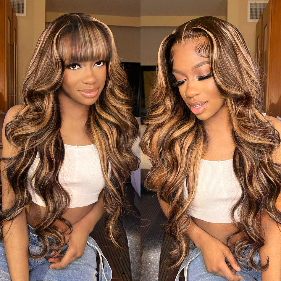 

New Design 28 Inch 13x4 Lace Frontal Wigs Brazilian Highlight Ombre Colored 13x6 Body Wave Lace Front Human Hair Wig for Women, Brown