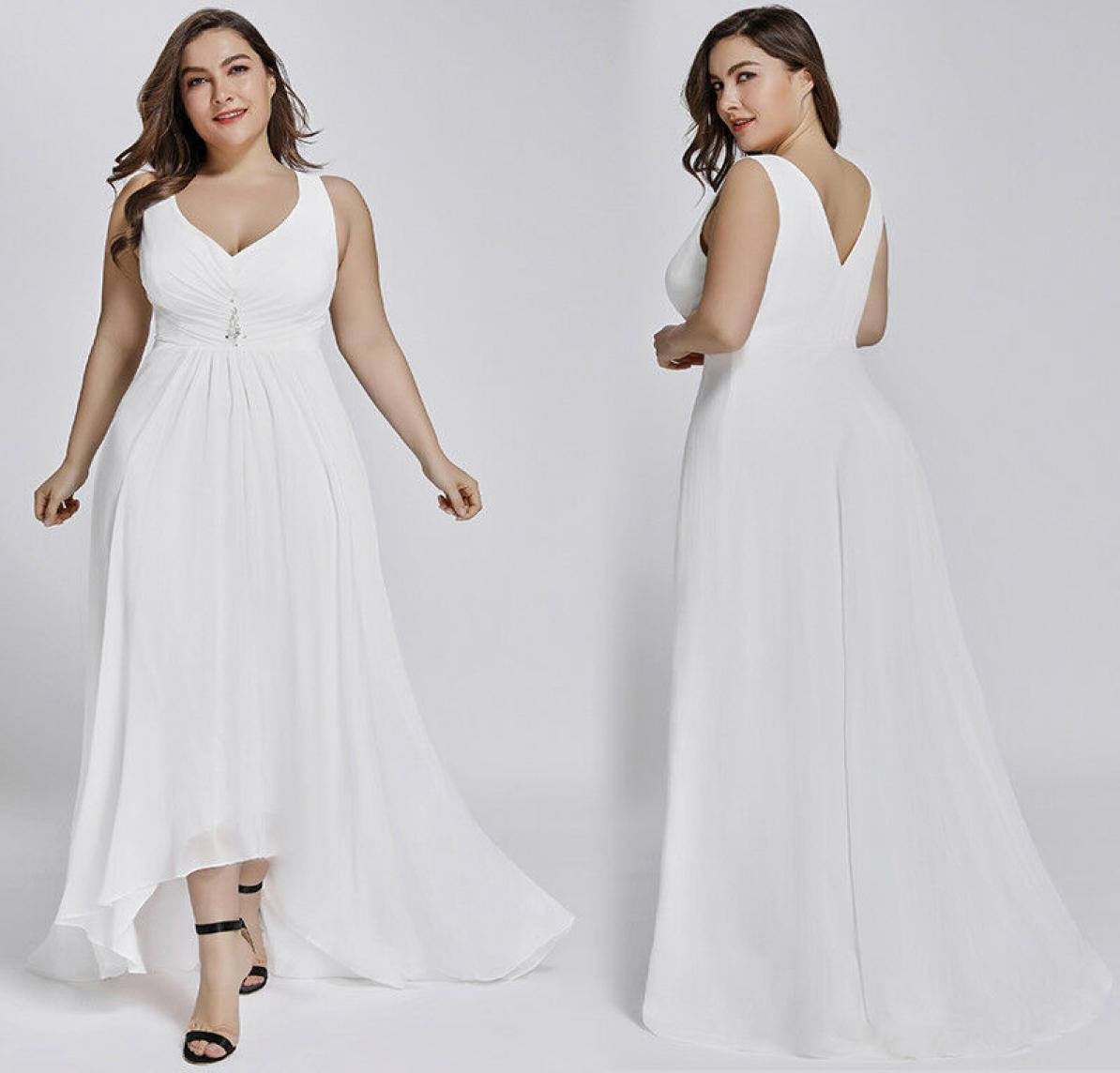 

Simple HiLo Short Front Long Back Plus Size White Bohemian Summer Beach Wedding Dresses 2019 Boho Sheath Chiffon Strap Bridal Gow2893297, Custom made from color chart