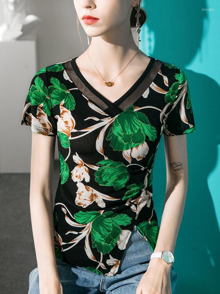 

Women' T Shirts 2023 Fashion Printed V-neck Short Sleeve T-Shirt Mesh Splice Summer Basic Top Office Lady Commuting Tee Shirt, Green