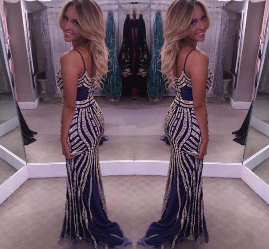 

Navy Long Evening Dresses Sparkly Beading Crystals Spaghetti Straps Backless Sheath Girls Occasion Gowns Long Party Prom Dresses1288250, Champagne