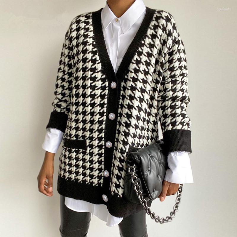 

Women' Knits 2023 Houndstooth Autumn Winter Cardigans Women Sweater Coat Knitted Loose Oversized Sweaters Jacket Jumper Fashion Tops, Black