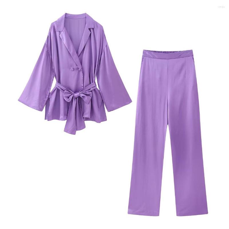 

Women's Two Piece Pants Woman Elegant Purple Loose Satin Blazer Suit 2023 Spring Female Solid Lacing Blazers Sets Ladies High Street, Pant