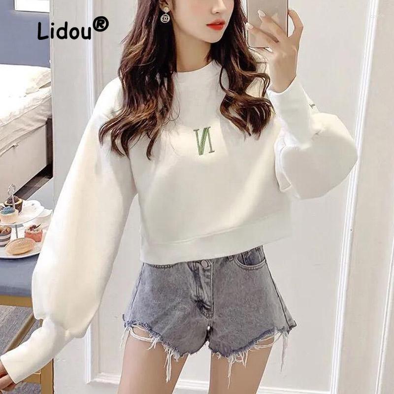 

Women's Hoodies Winter Solid Color Embroidered Letter Short Pullover Sweatshirts Women High-quality Long Sleeve O-collar All-match Top 2023, White