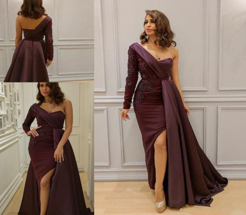 

Elegant Burgundy Arabic Prom Dresses Wear One Shoulder Appliques Split Side Formal Dress Sleeves Floor Length Long Evening Gowns6381954, Gold