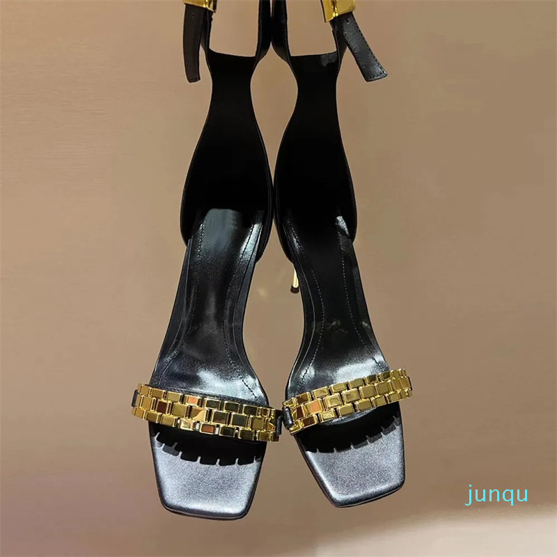

fashion Metallic feeling High Heel Sandals shoes 10cm Women Watchband decoration gold stiletto dress shoes Luxury Designer leather ankle strap formal shoes, 10