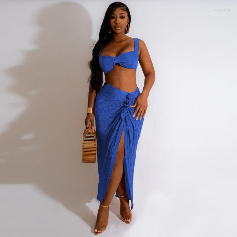 

Work Dresses Pleated Two Piece Set Summer Autumn Women Party Dress Strapless Crop Top High Split Maxi Skirt Holiday Beach Outfits Suit, Black