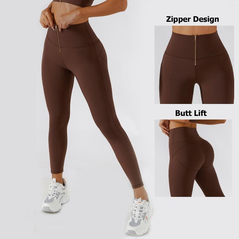 

Active Pants Women High Waist Sports Fitness Leggings Solid Color Zipper Design Stretch Yoga Sexy BuLift Workout Running Tights, Caramel