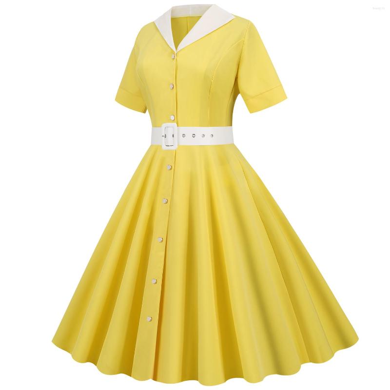 

Casual Dresses 1950s 1960s Summer Women' Dress Lapel V-neck Short Sleeved Belt Solid Color Retro Large Swing Stage Party, Black
