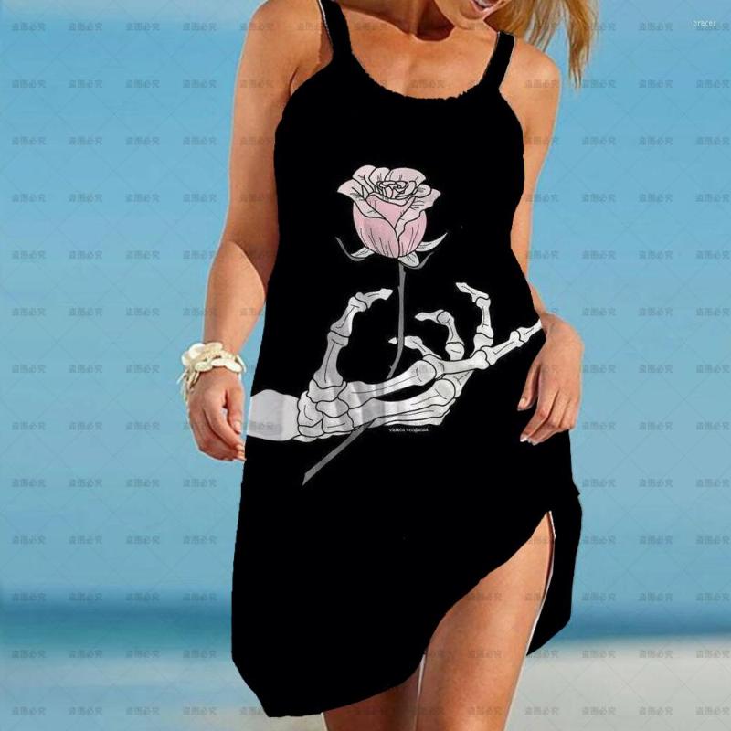 

Casual Dresses Vintage Drawstring Spaghetti Straps Women Party Dress Fashion 3D Skull Rose Print Elegant Ladies Long Vestidos, Awz8bg1335