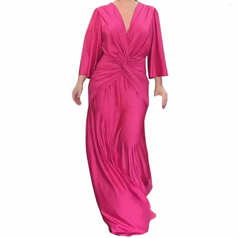 

Casual Dresses Women'S Solid Prom Long Dress Sexy V Neck Temperament Summer Qutfits Satin Pleated Floor Female, Hot pink