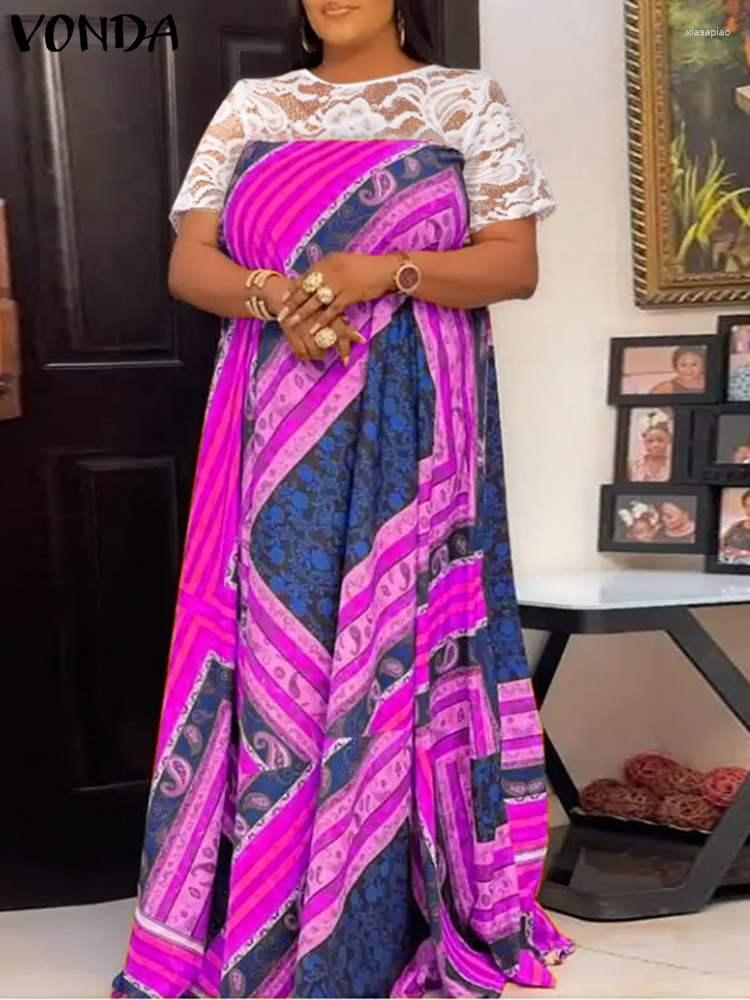 

Casual Dresses 2023 VONDA Summer Women Patchwork Bohemian Dress Lace Short Sleeve Party Sundress Loose Floral Printed Beach Robe Femme, Rose