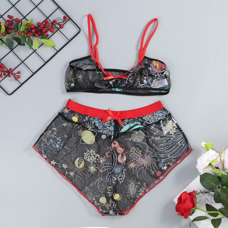 

Bras Sets Corset Costume Lingerie Women's Suit Embroidery See-through Without Bra Underwear Mesh Ring Steel Negligee Cotton, Black