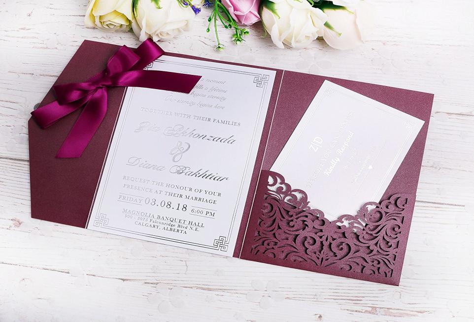 

2020 New 3 Folds Wedding Burgundy Invitations Cards With Burgundy Ribbons For Wedding Bridal Shower Engagement Birthday Graduation6885793