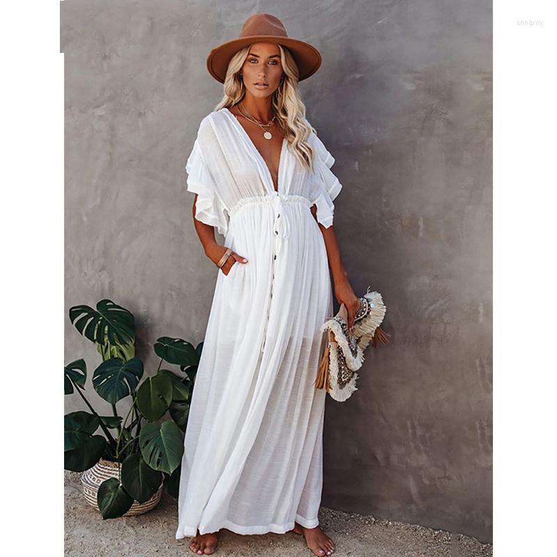 

Women's Swimwear Long Dress Backless Ruffles Button Up Pareos Beach Cover Holiday Sexy Slim Maxi Robe Fitshinling Bohemian Deep V Neck White, Khaki