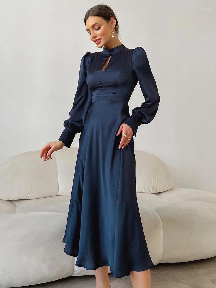 

Casual Dresses Women Elegant Evening Lantern Sleeve Stand Collar Satin Temperament Long Dress Femme Sexy Hollow Out Midi Party, Navy blue