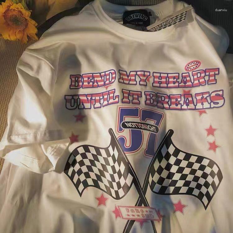 

Women's T Shirts White Racing Flag Print Short-sleeved Ins Graphic Women Couple Trend Loose All-match Oversized Shirt Summer Clothing, Solid black