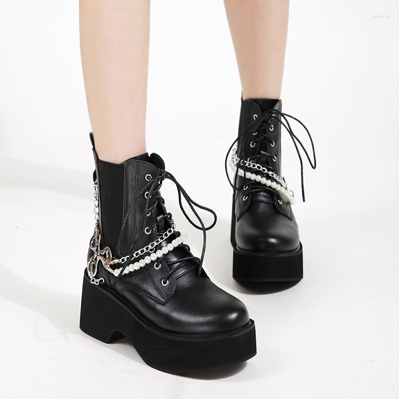 

Dress Shoes Brand Fashion Cool Thick Heel Big Size Ankle Boots Platform Round Toe Buckle Punk Autumn Winter Designer, Black