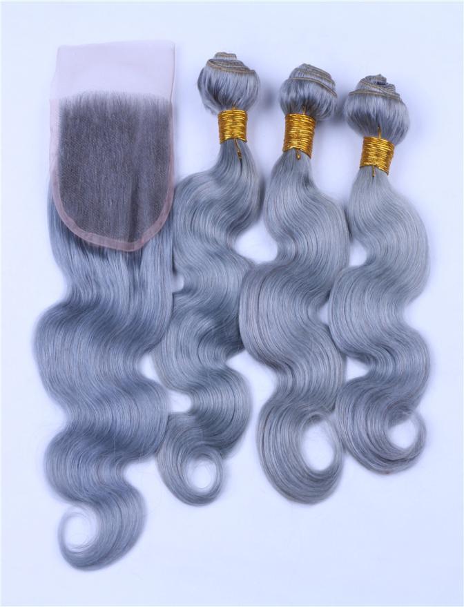 

Grey Human Hair Bundles with Lace Closure 4x4 Silver Gray Virgin Peruvian Body Wave Hair Lace Closure and Weave Bundles Deals1224704