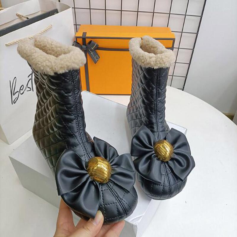 

Boots Fashionable Princess Round Toe Big Bowknot Flat Heel Beanstalk Suede High Top Short Large Size Snow Female 42, Black