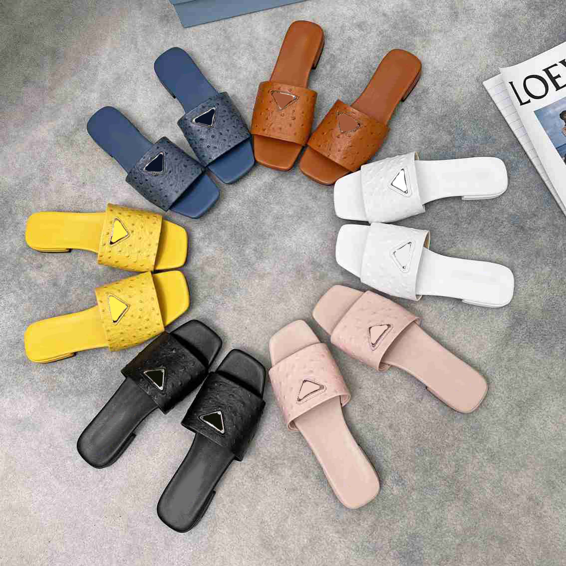 

Luxury designer Ostrich leather slide Women indoor and outdoor seaside vacation slipper casual comfortable sandal with box size 35-42