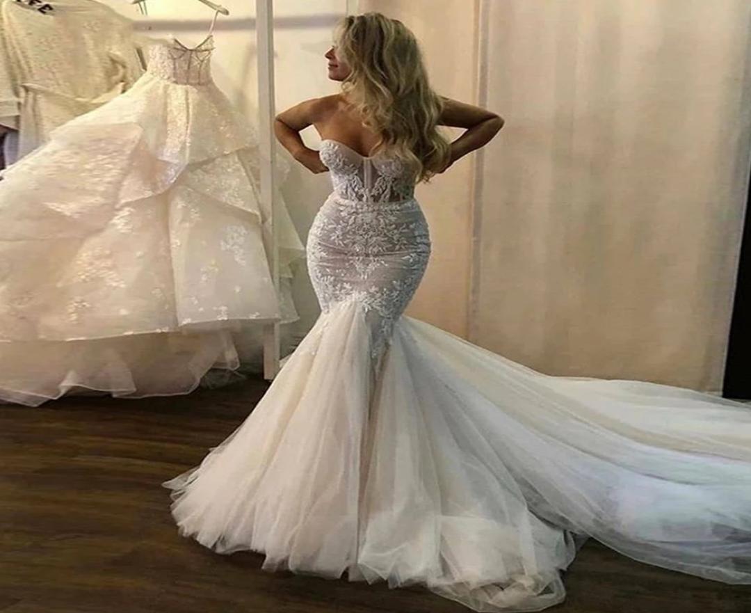 

Vintgae Lace Wedding Dresses Mermaid Strapless Boho Fish Bridal Gowns Princess Party Gowns With Puffy Tulle Skirt 20215487455, White