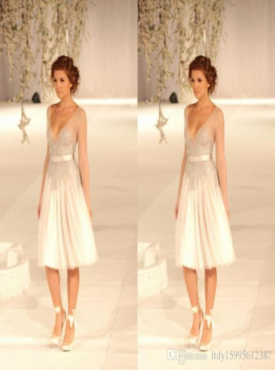 

Champane Deep Vneck Prom Dress With Beads Crystals Sash Homecoming Dress Knee length Graduation Dress Prom Party Gowns 0571226066, Blue