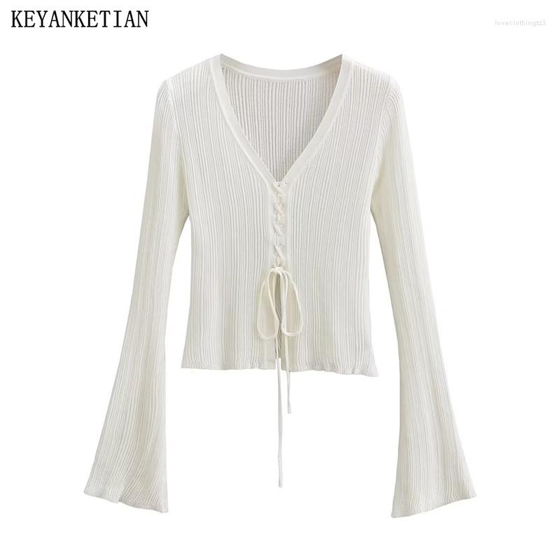 

Women' Knits KEYANKETIAN Summer Lace-Up Embellished Trumpet Sleeve Thin Knitwear Women Retro Style Translucent Short Skinny Sweater Top, Beige