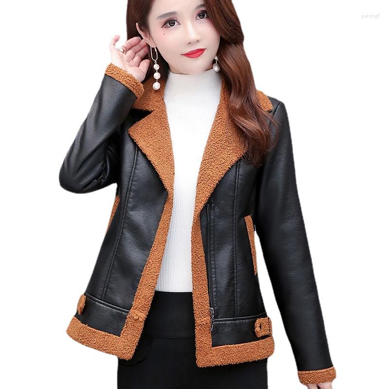 

Women's Leather Plush Padded Jacket Women Style 2023 Winter Ladies PU Imitation Lamb Fur Short, Blue