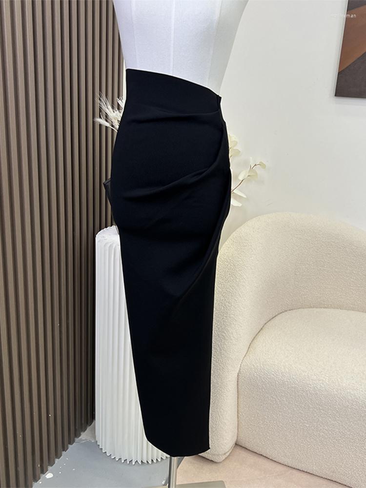 

Skirts Women Black Color Pleated Design Mid-long Irregular High Waist Cozy Soft Skirt Calf Length Split Hem Clubwear Streetwear