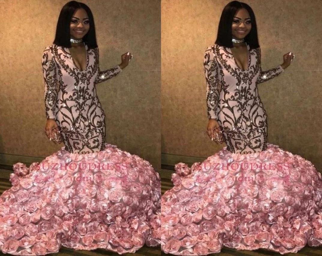 

New Pink Lace Mermaid Long Prom Dresses 2019 Long Sleeves V Neck 3D Floral Floor Length Evening Party Gowns BC13632009929, Brown