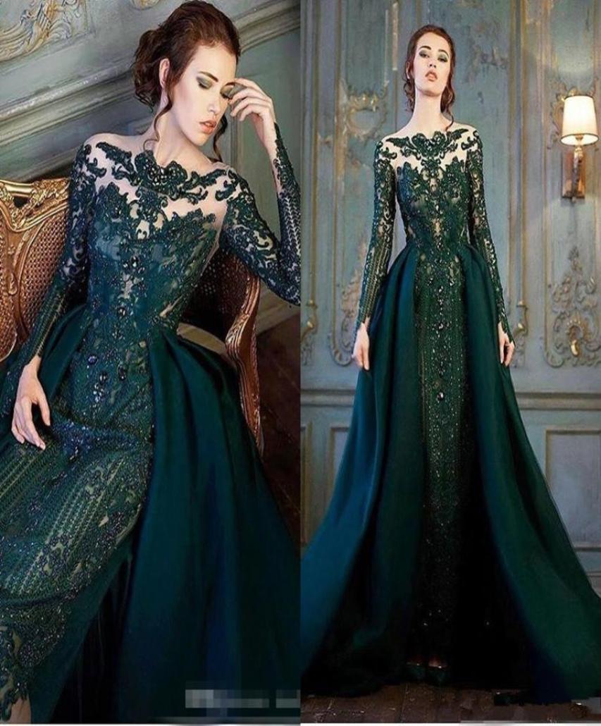 

Modest Emerald Hunter Green Long Sleeve Prom Formal Dresses with Detachable Train Luxury Lace Beaded Mermaid Evening Wear Dress2637858, Dark navy