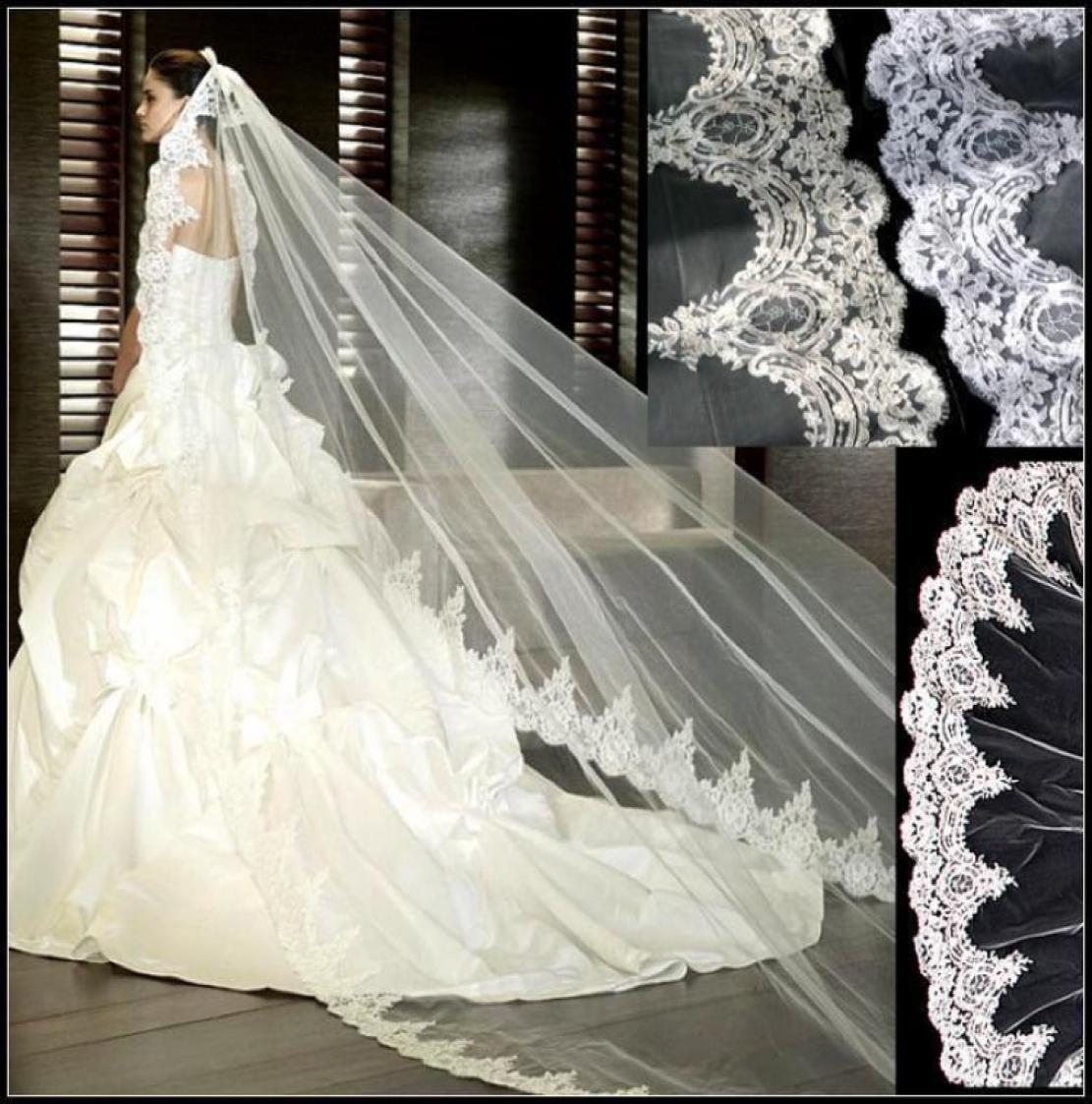 

Luxury White Ivory Wedding Veil Bridal Veil Lace Appliqued 3 Meters Cathedral Long Veils For Wedding Dress1089963