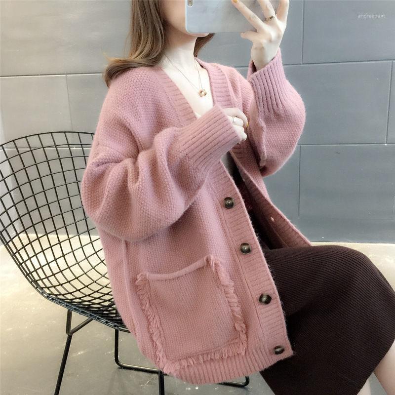 

Women's Knits Knitwears Women Sweater Spring V-neck Tassel Coat Female Loose Single-breasted Knitted Cardigan, Deep blue